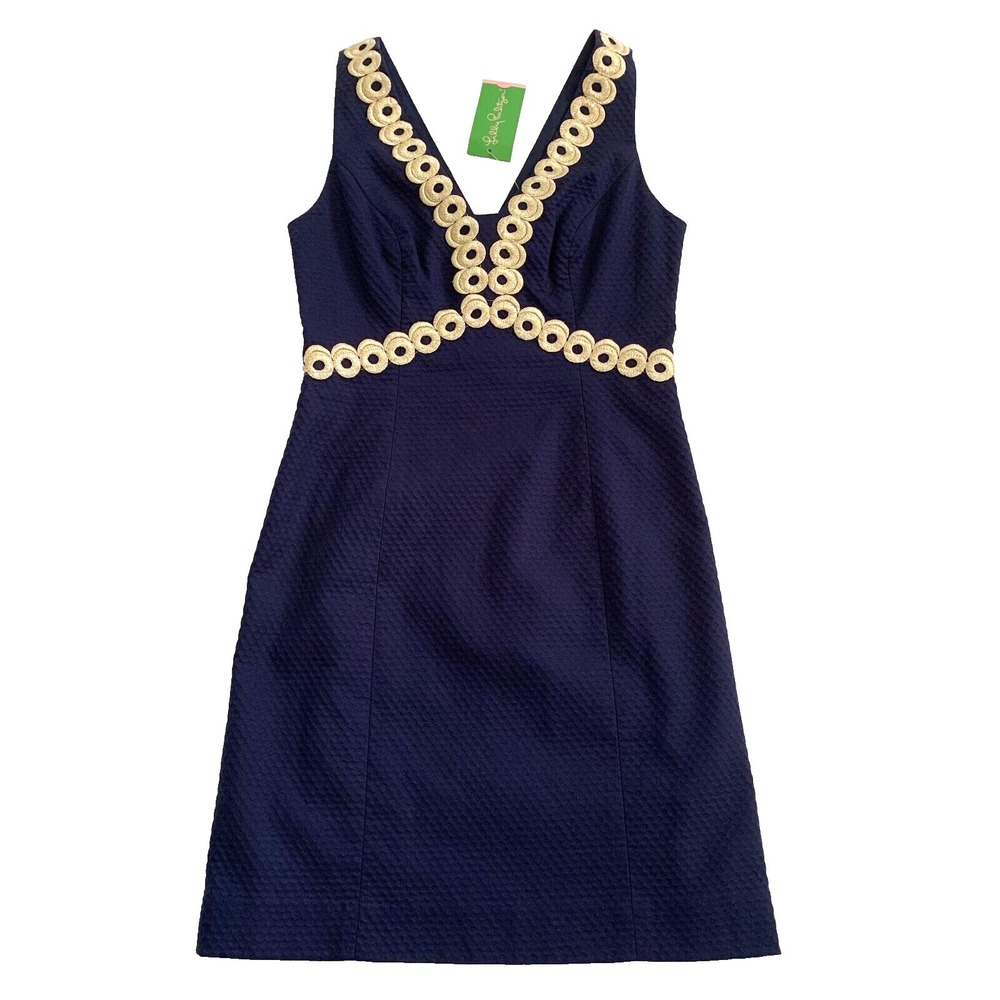 Navy Dress with Gold Trim - Women's Sleeveless V-Neck Dress